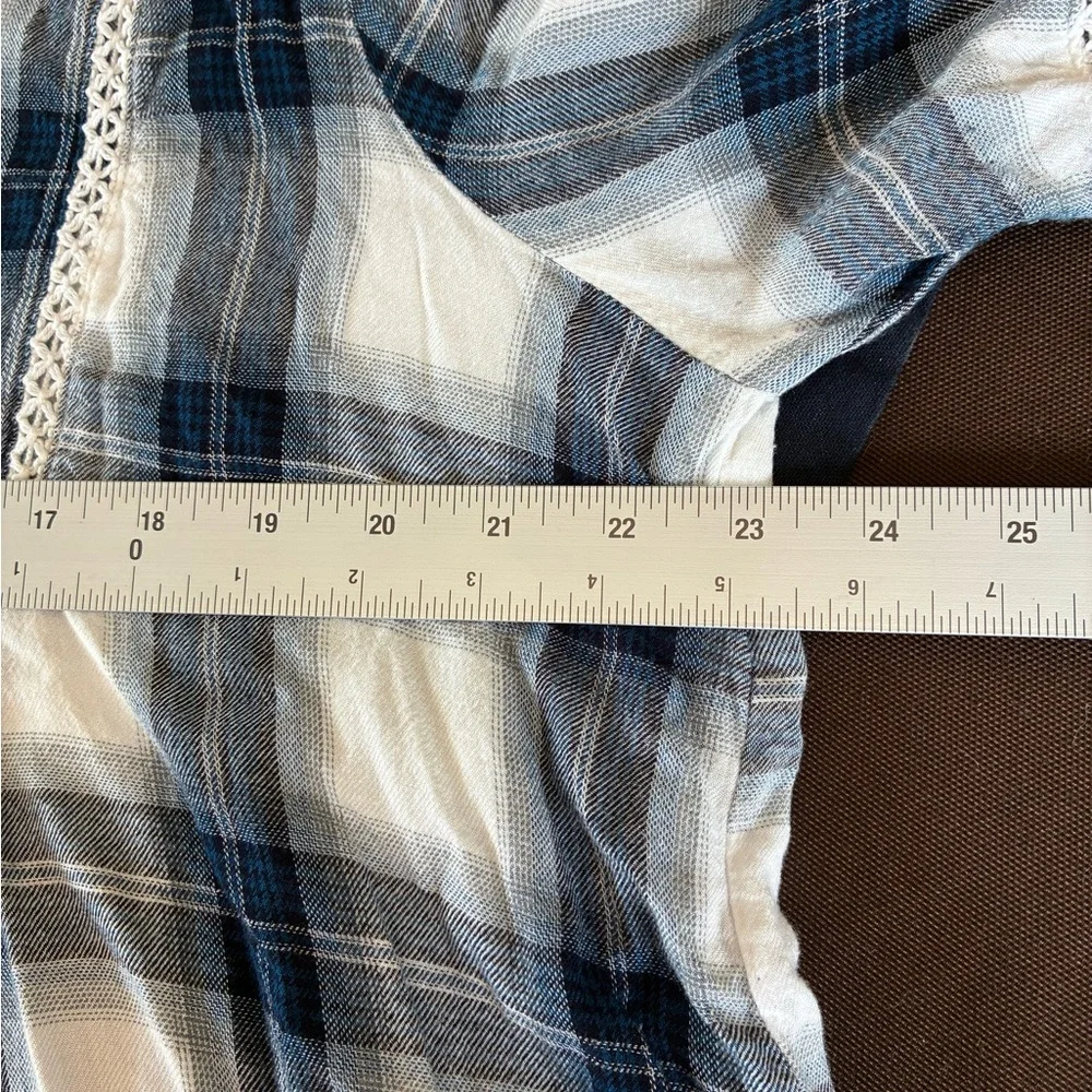Cato White & Navy Plaid Peasant Blouse with Lace Trim - Picture 5 of 8